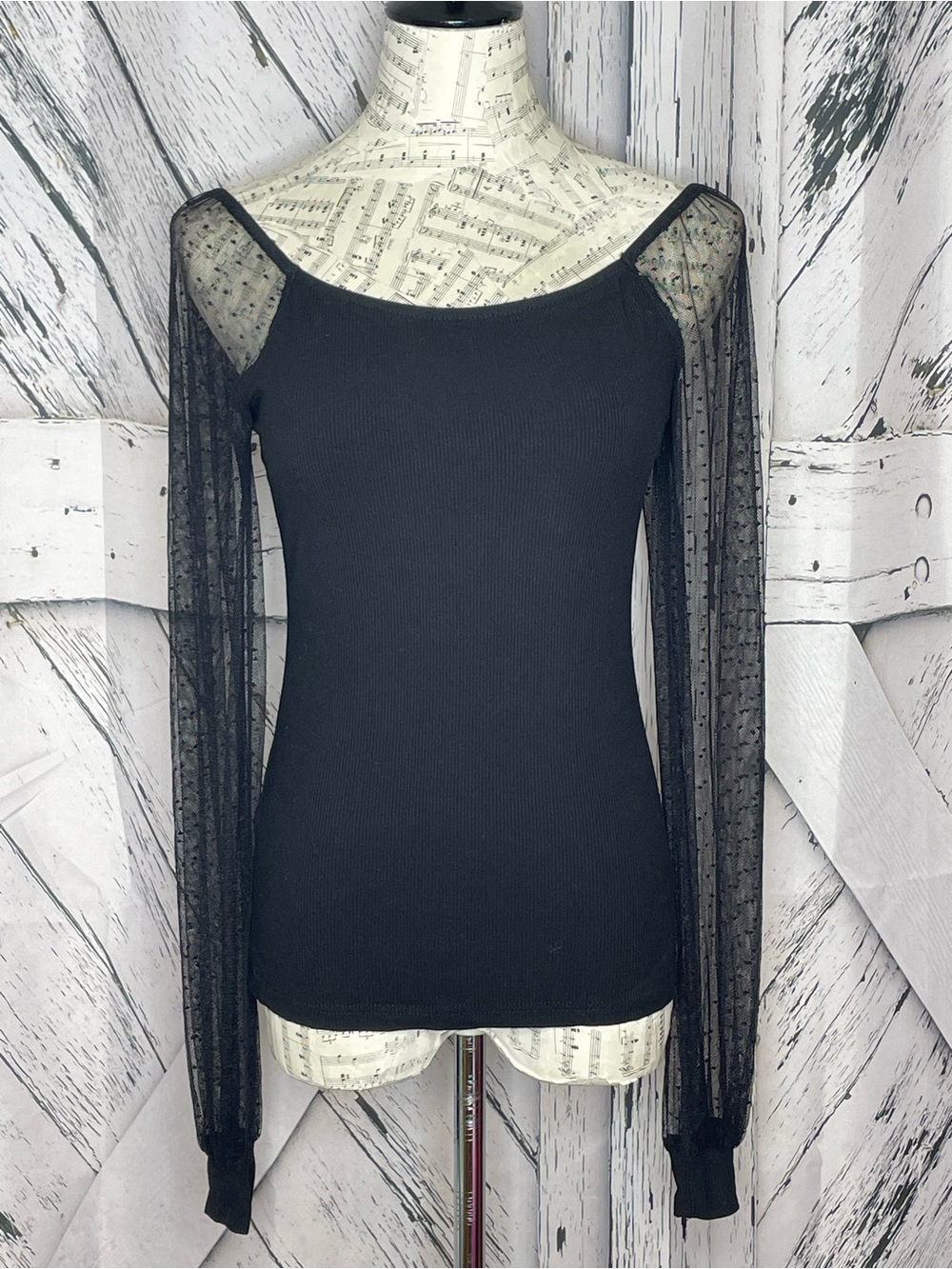 DOROSE Black Ribbed Knit Top Sheer Swiss Dot Mesh Long Sleeve Blouse Small